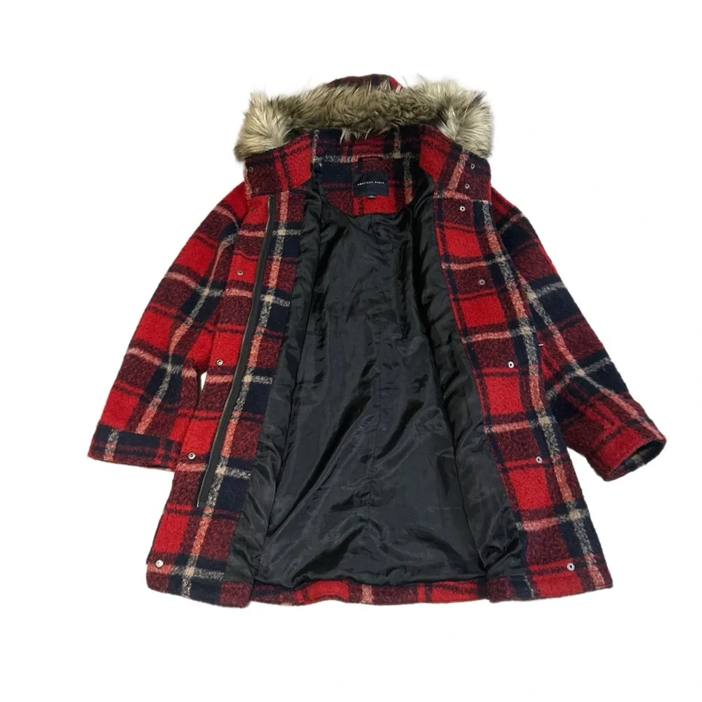 American Eagle Outfitters Red and Black Plaid Jacket with Faux Fur - Picture 6 of 8